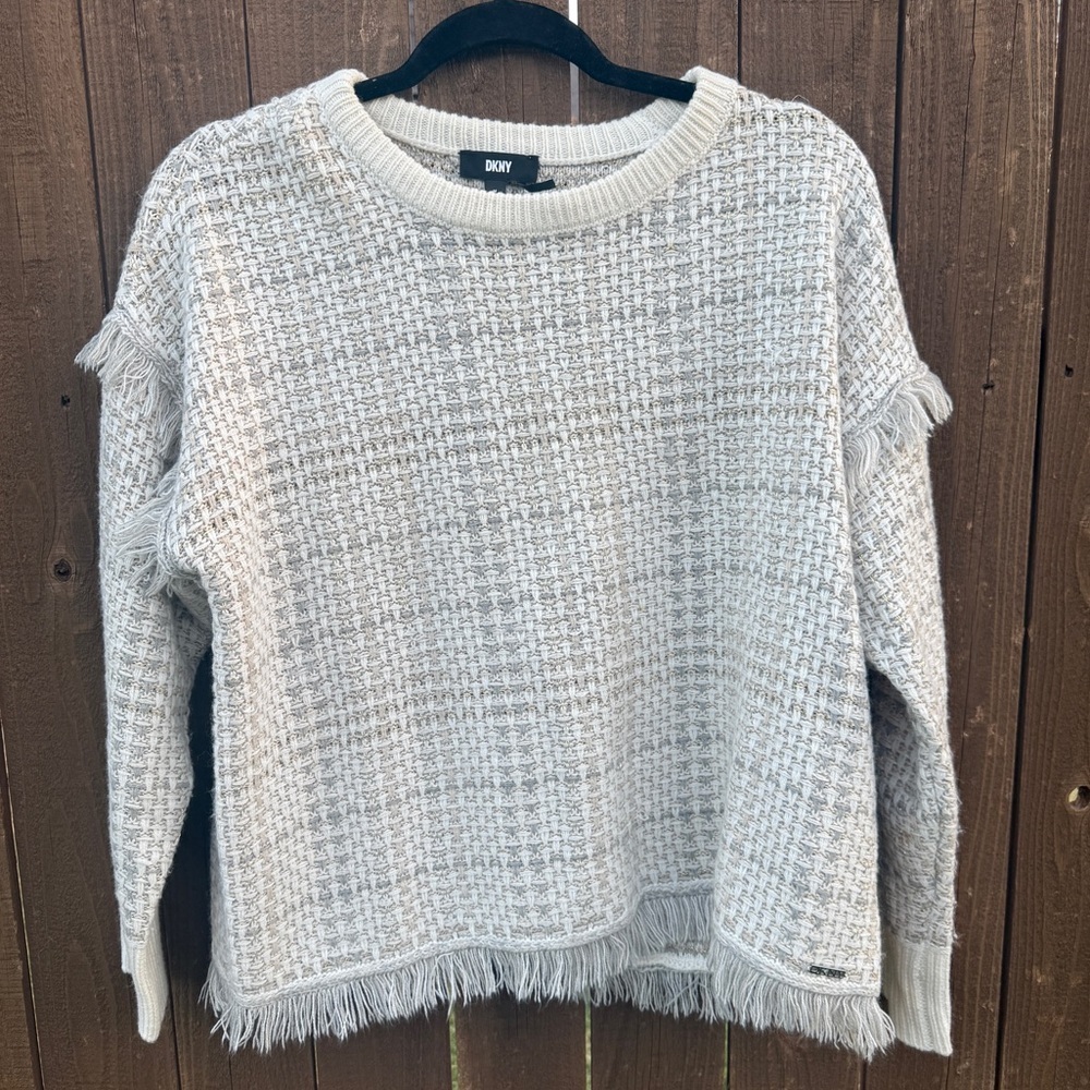 DKNY Fringe Hem Textured Sweater with Gold Thread – Size M